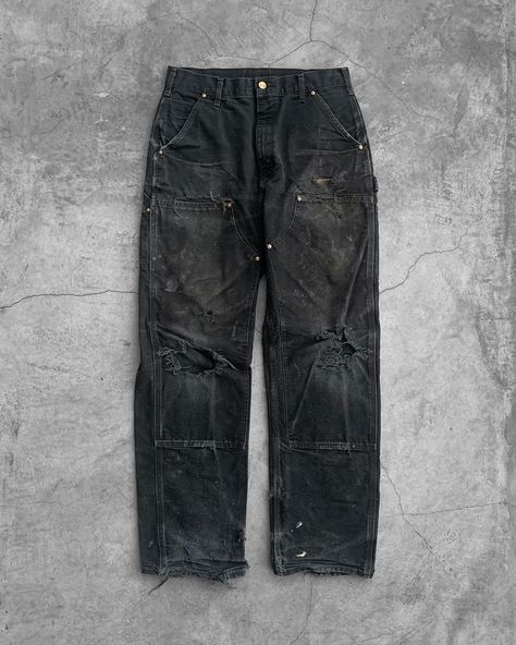 Unsound Rags on Instagram: “Carhartt Black Thrashed Double Knee Work Pant - 1990s” Double Knee Pants Carhartt, Black Carhartt Pants Outfit, Carhartt Double Knee Pants Outfit, Knee Pants Outfit, Carhartt Pants Outfit, Black Carhartt Pants, Upcycle Pants, Unsound Rags, Double Knee Carhartt