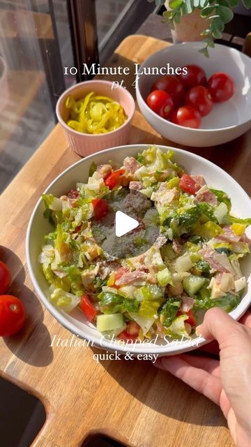 Peyton Pratte on Instagram: "Italian Chopped Salad! Sooo easy and the perfect quick lunch! I use a veggie chopper to speed along the process of chopping but you can of course make this quickly still without one. A food processor on the “chop” setting also works great! -
-
-
Recipe:
Ingredients: 
* 2 large heads of romaine lettuce – About 4-6 cups sliced 
* 1 cup cherry tomatoes – quartered
* 1 cup chopped cucumber
* 1 cup chopped artichoke hearts – I like the marinated ones
* 2 cup peperoncini – chopped
* ¼ cup diced red onion
* 1 cup cubed mozzarella
* 1 (15oz) can chickpeas – drained and rinsed
* ½ lb. salami sliced 1/8″ thick and then cut into 1/4″ ribbons
Italian Dressing:
* 2-3 medium cloves garlic minced
* ¼ c. extra-virgin olive oil
* ¼ c. red wine vinegar
* 2 T. freshly squeezed le R3 Recipes, Peyton Pratte, Mediterranean Salads, Veggie Chopper, Keto Salads, Italian Chopped Salad, Mediterranean Salad, Quick Lunch, Artichoke Hearts