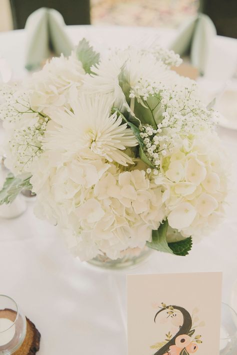 Mum Centerpiece, Simple Elegant Centerpieces, Simple Romantic Wedding, Floral Bridal Shower Decorations, White Hydrangea Centerpieces, White Wedding Centerpieces, White Mums, Wedding Flowers Hydrangea, Creative Centerpieces