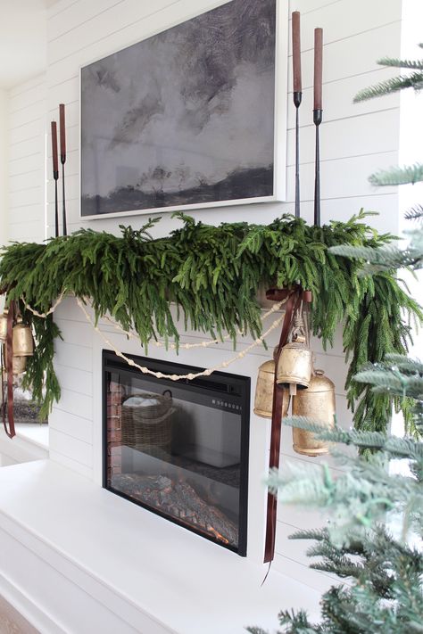 Garland On Mantle, Banister Garland, Norfolk Pine Garland, Front Door Garland, Garland Table Runner, Holiday Fireplace, Stair Banister, Fireplace Garland, Holiday Mantle