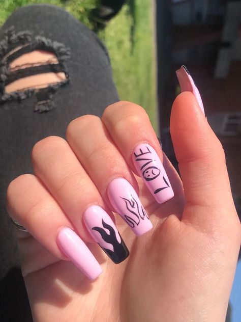 Nail polish design aesthetic pink Lil Peep Nails Acrylic, Lil Peep Nails, Peep Nails, Edgy Nails, Grunge Nails, Cute Acrylic Nail Designs, Simple Acrylic Nails, Acrylic Nails Coffin Short, Coffin Nails Designs