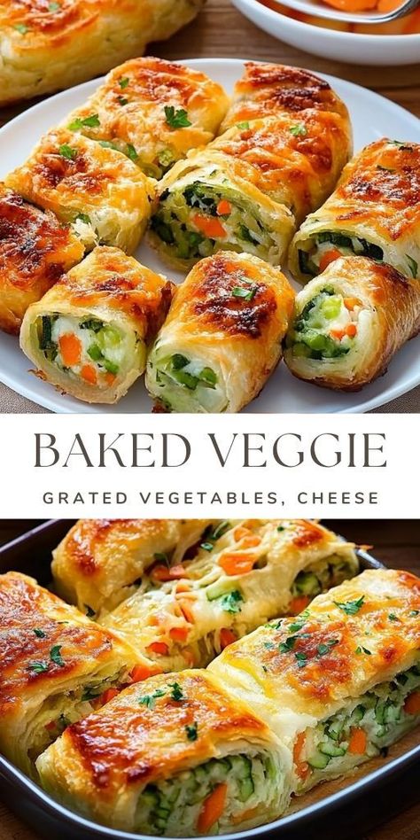 Cheesy Baked Vegetable Rolls Recipe Ingredients: For the Rolls: 1 zucchini, grated Salt to taste 1 carrot, grated 1 potato, grated #Veggie #Rolls Vegetable Wraps Recipes, Vegetable Rolls, Zucchini Roll, Vegetable Bake Recipes, Cabbage Recipes Healthy, Veggie Rolls, Baked Tilapia, Lunch Wraps, Baked Veggies