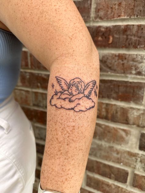 Cherub Cloud Tattoo, Cherub On Cloud Tattoo, Sleeping Angel Tattoo, Angle Tattoo, Cloud Tattoo Design, Saturn Tattoo, Cherub Tattoo, Flash Ideas, Cloud Tattoo