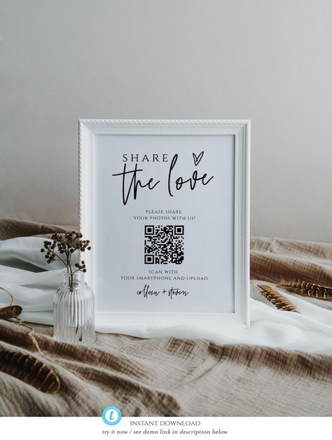 Qr Code For Wedding Photos, Photo Sign Wedding, Wedding Photo Sign, Love Qr Code, Wedding Qr Code, Modern Wedding Reception, Qr Code Sign, Qr Code Wedding, Photo Sign