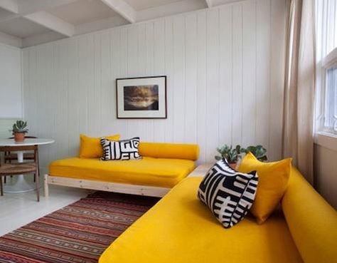 yellow sofas.  In Montauk  -Ruschmeyer’s a 19-room hotel, restaurant, and bar located on three acres of lakeside woodland. Utaker Ikea, Ikea Utåker, Twin Bed Couch, Murphy Bed Ikea, Pink Comforter, Yellow Sofa, Ikea Hack Ideas, Ikea Bed, Ikea Sofa