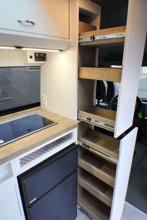 Van Layouts, Narrow Pantry, Trailer Conversion, Diy Campervan, Kombi Home, Van Conversion Interior, Bike Race, Rv Kitchen, Sprinter Camper