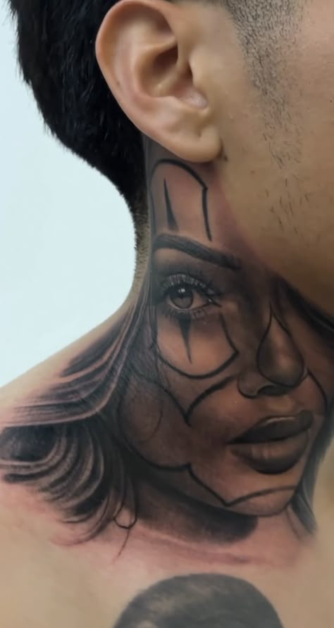 Portrait Neck Tattoo, Down The Neck Tattoo, Ester Tattoo, Tatted Quotes, Ak47 Tattoo, Chicano Tattoos Lettering, Front Neck Tattoo, Chicano Tattoo, Chicano Tattoos