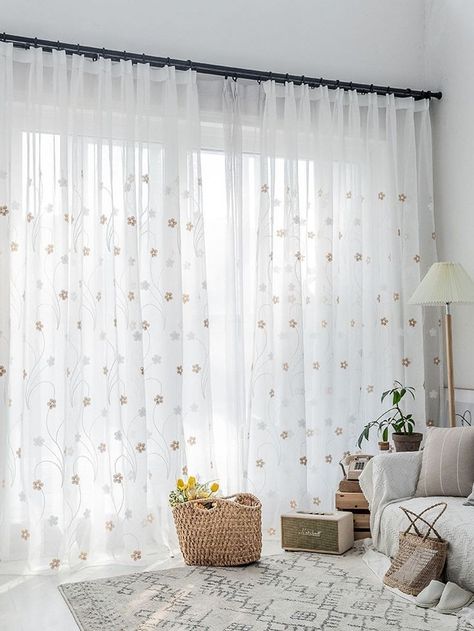 Sheer Curtains Living Room, Sheer Curtains Bedroom, Rideaux Shabby Chic, Chic Curtains, Cute Curtains, Flower Curtain, Shabby Chic Curtains, Curtain Ideas, Home Design Living Room