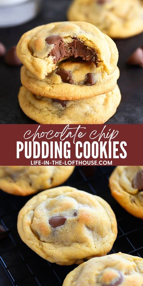 Chocolate Chip Pudding Cookies are delicious, soft chocolate chip cookies made with vanilla pudding mix. Life-in-the-Lofthouse.com Chocolate Chip Cookie Recipe With Pudding, Easy Homemade Chocolate Chip Cookies, Bisquick Chocolate Chip Cookies, Fluffy Chocolate Chip Cookies, Pudding Cookies Recipes, Flavored Cookies, Chocolate Chip Walnut Cookies, Chocolate Chip Pudding, Milk Chocolate Chip Cookies