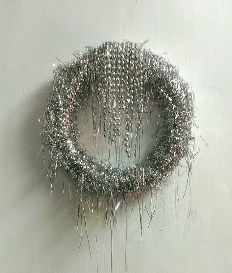 Tinsel Wreath Diy, Glamorous Christmas Tree, Tinsel Wreath, Christmas Tree Decoration Ideas, Tree Decoration Ideas, Glamorous Christmas, Silver Wreath, Slim Christmas Tree, Christmas Windows