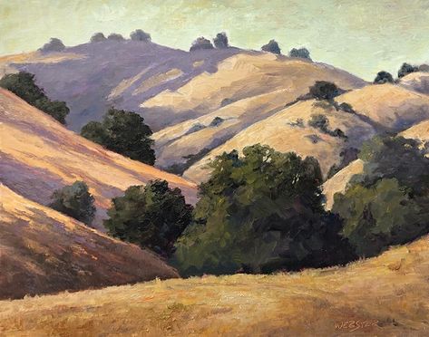 Golden HIlls and Oaks by LaRhee Webster, Oil, 11 x 14 California Hills Aesthetic, California Landscape Paintings, Bizarre Decor, Rolling Hills Painting, Painting Hills, California Impressionism, Nz Landscape, Yellow Hills, California Painting