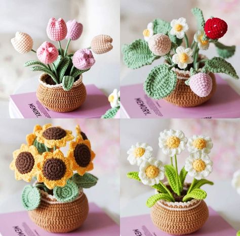 Crochet Flower Pot, House Decor Ideas, 100 Crochet Stitches, Made Flowers, Crochet Bouquet, Crochet Keychain Pattern, Stylish Crochet, Crochet Plant, Crochet Business