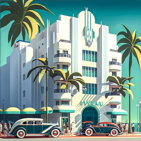 With its bold use of color and geometric shapes, this piece captures the essence of Art Deco Miami. The sleek lines and clean design evoke a feeling of modernity and sophistication, while the bright colors create a sense of playfulness and joy. This is a digital file, not a print. Art Deco Exterior Design, Miami Art Deco Aesthetic, Art Deco Buildings Architecture, Art Deco Miami, Miami Architecture, Art Deco City, Miami Posters, Art Deco Drawing, Art Deco Ideas