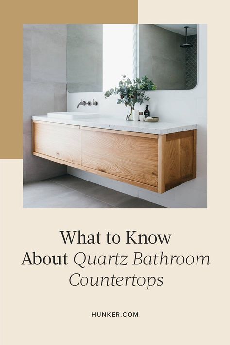 If you want to get that luxe marble look in your bathroom without breaking the bank, we've got the inside scoop on the best way to do that. Enter: quartz bathroom countertops. #hunkerhome #quartz #quartzcounters #quartzcountertops Quartz Bathroom Countertops, Quartz Bathroom, Juniper Home, Bathroom Countertop, Dressing Area, Bathroom Countertops, Engineered Stone, Bathroom Vanity Tops, Countertop Materials