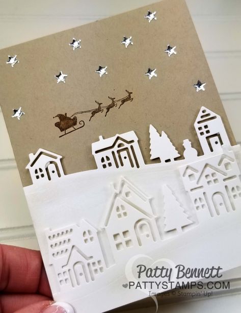 Hearts Come Home Christmas card featuring Whisper White die cut village houses and Santa and his reindeer in the sky with Silver Enamel Metallic stars. Stampin Up Weihnachten, Christmas Card Inspiration, Stampin Up Christmas Cards, Christmas Hearts, Pink Cards, Stampin Up Christmas, Christmas Stamps, Christmas Cards To Make, Punch Cards