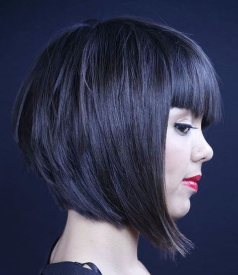 Layered Bob With Straight Bangs A Line Bob Hairstyles, Aline Bob Haircuts, Uneven Bangs, Graduated Bob Hairstyles, Line Bob, A Line Hair, Aline Bob, A Line Haircut, Blue Bob