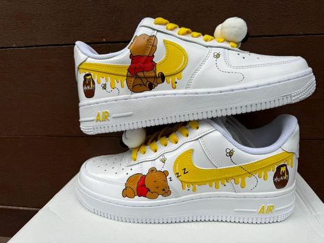 custom hand painted Nike air force 1. winnie the pooh Older kids size uk1 --uk5.5  ￡158 Adults size uk2.5-uk12  ￡198 - brand new in box; - Each pair is personally handmade, and painting with premium leather paint and topped with a finisher for extra protection; - Please ensure that you double check your size before ordering.  - For customized designs, feel free to leave us a message, We are willing to have your ideas done; Winnie The Pooh Painted Shoes, Nike Air Force Custom, Nike Custom, Custom Sneakers Diy, Painted Nikes, Nike Air Force 1 Custom, Anime Wedding, Custom Painted Shoes, Custom Shoes Diy