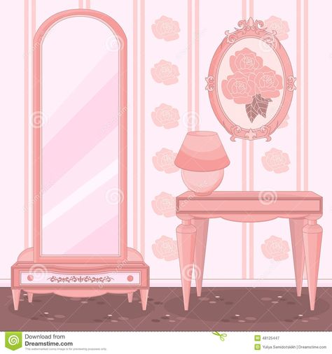 Barbie Illustration, Filipino Art, Barbie Paper Dolls, Doll Scenes, Rose Gold Wallpaper, Paper Doll House, Isometric Illustration, Makeup Rooms, Makeup Room