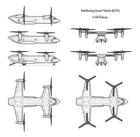 Bell-Boeing Quad Tiltrotor (QTR) - V-44 Pelican by Zaco8955 ... Jet Fighter Pilot, Flying Vehicles, Starship Concept, Military Drawings, Military Artwork, Airplane Design, Military Pictures, Military Helicopter, Concept Ships