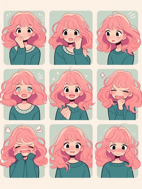 Character Emotions Drawing, Chibi Writing Pose, Kawaii Person Drawing, Cartoon Art Styles Hair, Cartoon Hairstyles Female, Chibi Art Style Hair, Turn Around Reference, Chibi Hair Reference, Cartoon Girl Hair