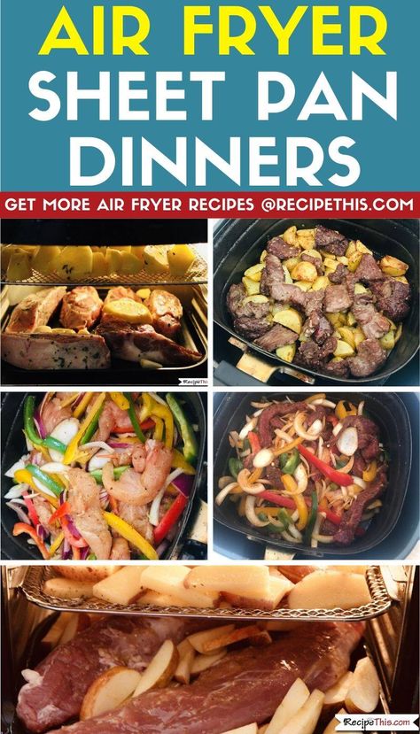 Air Fryer Sheet Pan Meals. How to convert your favourite sheet pan meals and traybakes to the air fryer. Including lots of easy air fryer sheet pan recipes to try next. #airfryer #airfryerrecipes #airfryersheetpan #sheetpanmeals #sheetpanrecipes #traybake #traybakerecipes Air Fryer Sheet Pan Recipes, Air Fryer Sheet, Kalorik Air Fryer, Convection Oven Recipes, Air Fryer Pan, Sheet Pan Meals, New Air Fryer Recipes, Air Fryer Cooking Times, Cooks Air Fryer