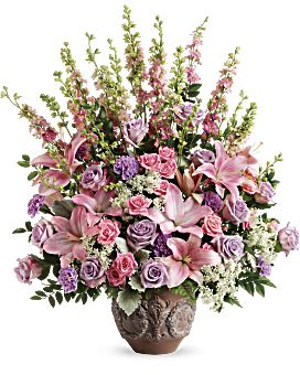 Teleflora's Soft Blush Bouquet - Teleflora Leatherleaf Fern, Lavender Arrangement, Pink Larkspur, Large Floral Arrangements, Altar Flowers, Large Flower Arrangements, Blush Bouquet, Pink And Lavender, Church Flower Arrangements