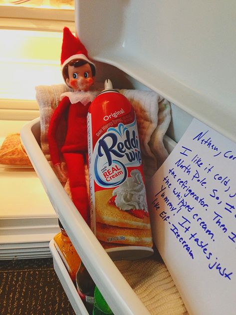 Elf is in fridge eating imitation north pole ice cream (whipped cream). Elf on the Shelf ideas by Carey Pace Fridge Ideas, Peanut Blossoms, Awesome Elf On The Shelf Ideas, Xmas Elf, Elf Antics, Elf Fun, Elf On The Shelf Ideas, Shelf Ideas, On The Shelf