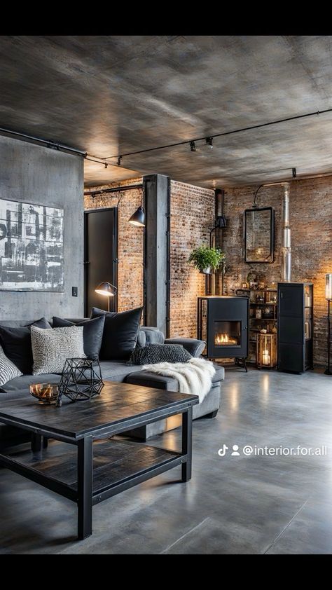 Industrial Living Room With Fireplace, New York Loft Interior Design, Apartment Interior Industrial, Brick And Concrete Interior, Black Industrial Living Room, Office Fireplace Ideas, Industrial Flat Interior, Concrete Interior Design Living Room, Neo Industrial Interior