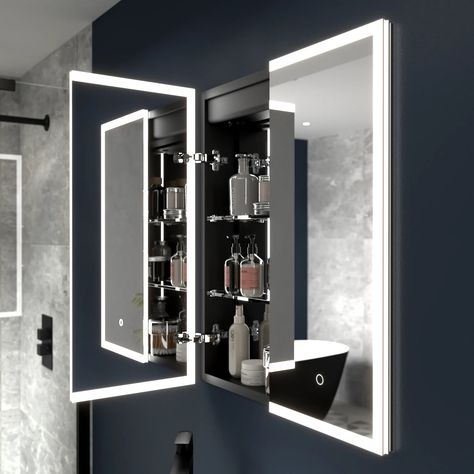 Recessed Bathroom Cabinets | Recessed Bathroom Mirror Cabinets | Pebble Grey - Pebble Grey Recessed Bathroom Mirror, Bathroom Mirror With Storage, Radiate Light, Black Bathroom Mirror, Mirror Unit, Recessed Shelves, Bathroom Mirror Storage, Recessed Cabinet, Illuminated Mirror