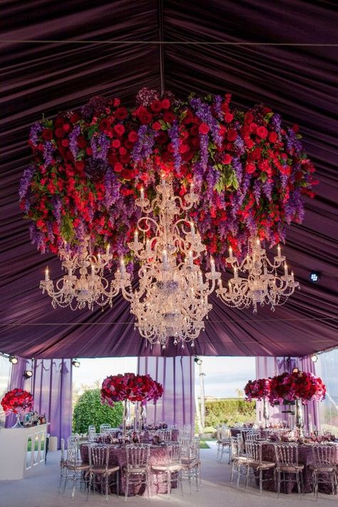 Wedding Red Purple Wedding, Floral Chandeliers, Ceiling Wedding, Wedding Chandeliers, Hanging Florals, Wedding Tent Decorations, Orchid Photography, Flowers Hanging, Grand Wedding