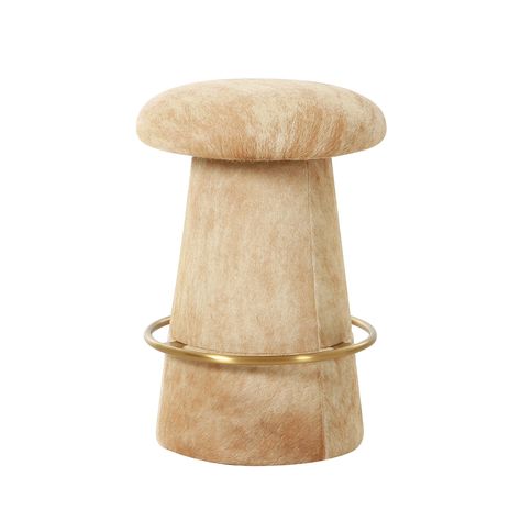 Character for the counter. Our Mushroom Counter Stool is ready to energize and elevate your kitchen entertaining. Featuring a simple round seat that spins 360 degrees and contrasting straight lines that make up the base. Beige and ivory leather cowhide upholstery adds subtle warmth and rich visual intrigue to the overa Kitchen Entertaining, Cowhide Upholstery, Mushroom Stool, Unique Bar Stools, Scout Design Studio, Scout Design, Counter Seating, Modern Counter Stools, Studio Furniture