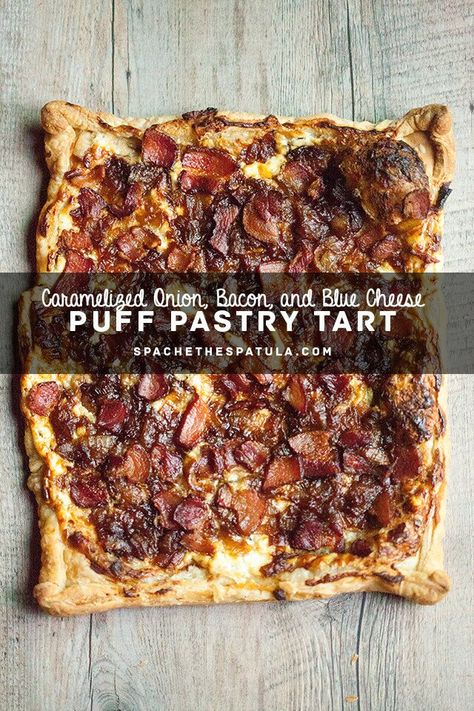 Caramelized Onion, Bacon, and Blue Cheese Puff Pastry Tart | Spache the Spatula Blue Cheese Puff Pastry, Easy Puff Pastry Appetizers, Blue Cheese Tart, Balsamic Onions, Puff Pastry Appetizers, Pastry Appetizer, Easy Puff, Cheese Puff, Cheese Puff Pastry