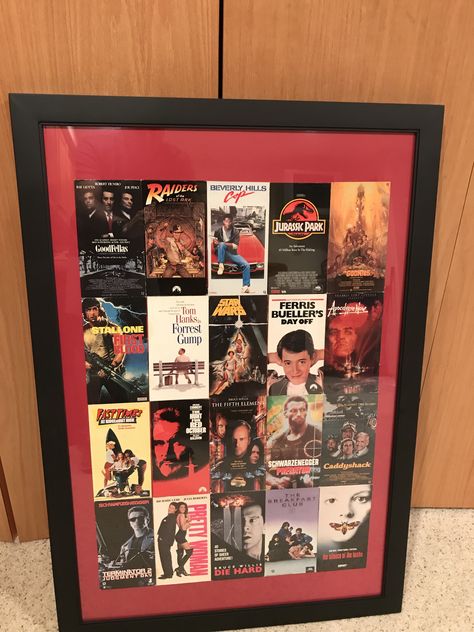 While throwing out my old VHS tapes I decided  to cut the covers and make into this display for my movie room. Vhs Covers Crafts, Vhs Art Diy, Vhs Display Ideas, Movie Collection Display, Vhs Storage, Vhs Display, Movie Poster Display, Movie Display, Magical Movies