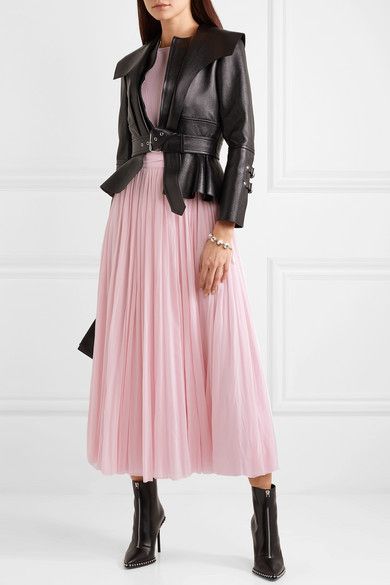 #fashion #dress #outfit #jacket Leather Biker Jacket Outfit, Casual Leather Jacket Outfit, Biker Jacket Outfit, Alexander Mcqueen Jacket, Peplum Gown, Pleated Chiffon Skirt, Pink Pleated Skirt, Chiffon Midi Dress, Leather Jacket Outfits