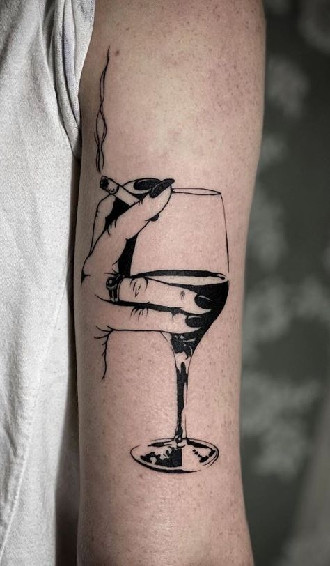 Wine Glass Tattoo Skeleton Hand Holding Wine Glass Tattoo, Hand Holding Wine Glass Tattoo, Cigeratte Tattoo, Vodka Tattoo, Glass Of Wine Tattoo, Mixology Tattoo, Shot Glass Tattoo, Wine Tattoo Ideas, Alcohol Tattoos