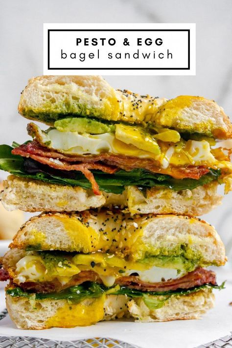 Egg Bagel Sandwich, Bacon And Egg Sandwich, Brunch Sandwich, Egg Bagel, Pesto Eggs, Bagel Breakfast Sandwich, Breakfast Bagel, Bagel Sandwich, Egg Sandwich