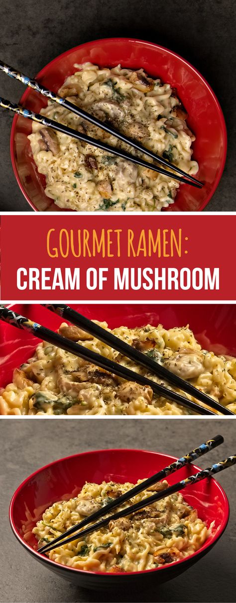 Mushrooms, spinach, garlic—this ramen has everything you crave in a hearty casserole dish, and no one would ever guess it only took a packet of ramen and a few extra ingredients to make it! | #ramen #dinner #mushroom Creative Ramen Noodle Recipes, Recipes With Canned Mushrooms, Ramen Noodle Recipes Cream Of Mushroom, Ramen Noodles With Cream Of Mushroom, Ramen With Mushroom Soup, Ramen And Cream Of Mushroom Soup, Creamy Mushroom Ramen, Cream Of Mushroom Soup Ramen, Cream Of Mushroom Ramen Noodles