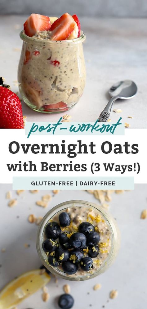 Get in your Post-Workout fuel with Overnight Oats including berries! High-protein, no protein powder needed unless you want an extra boost. | fitmittenkitchen.com | #overnightoats #berryoats #strawberrybanana #chocolateraspberry #blueberrylemon #healthybreakfast #mealprep Oats With Protein Powder, Overnight Oats With Protein Powder, Overnight Oats With Protein, The Best Overnight Oats, Best Overnight Oats, Dairy Free Recipes Easy, Breakfast Kitchen, Easy Overnight Oats, Healty Dinner