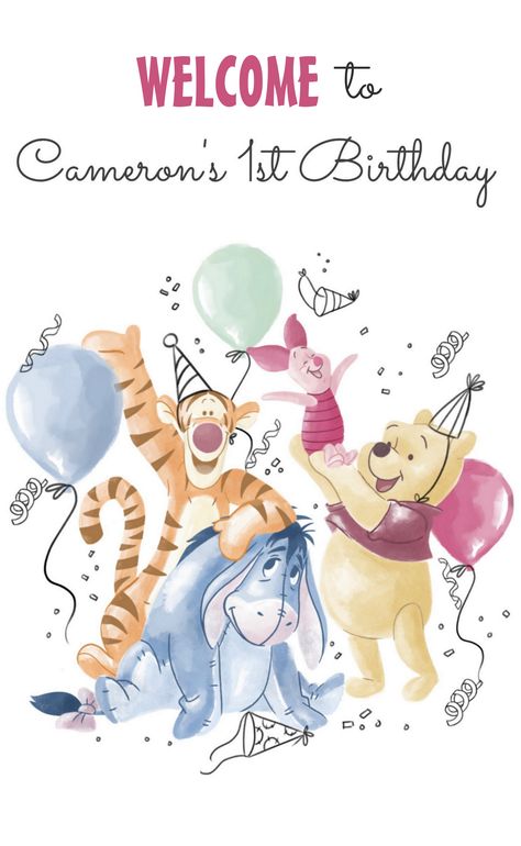 Winnie the Pooh & Pals - Balloons Birthday Welcome Poster Winnie The Pooh Decor, Baby Deco, Baby Birthday Decorations, Birthday Painting, Pooh Birthday, Winnie The Pooh Pictures, Winnie The Pooh Birthday, Birthday Party Decorations Diy, Birthday Wallpaper