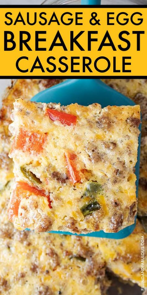 Looking for your next favorite easy breakfast recipe the whole family will love? Try this simple and hearty Sausage and Egg Breakfast Casserole! It's packed with cheese, ground sausage, and flavorful vegetables and seasonings for a flavor combination you'll love. Breakfast Recipes With Ground Sausage, Breakfast With Sausage And Eggs, Breakfast Ground Sausage Recipes, Egg And Sausage Bake, Egg Bake Recipes Sausage, Sausage Breakfast Casserole Recipes, Egg Sausage Cheese Casserole, Breakfast Casserole No Potatoes, Sausage And Egg Recipes