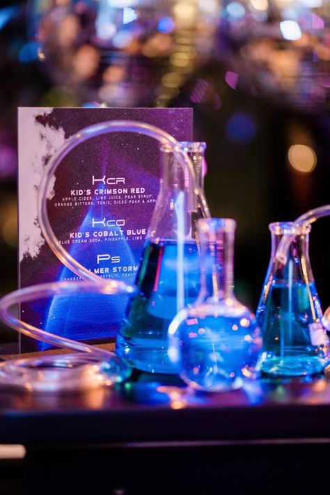 Black Tables, Futuristic Party, Los Angeles Downtown, Creative Centerpieces, Blue Liquid, National Holiday, Science Themes, Beakers, Cream Soda