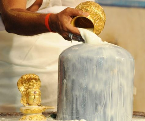 Shiva Abhishekam is usually performed to a Lingam representing his manifestation as a creator of good (by destroying evil). In many temples, one finds a vessel hung over the Lingam, that continuously drips water or other offerings onto the Lingam in deference to Shiva's desire for Abhisheka. Lord Shiva Names, Indian Goddess Kali, Hindu Calendar, Divine Goddess, Sacred Plant, Shiva Linga, India Photography, Indian Goddess, Lord Shiva Hd Images