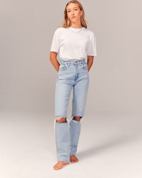 Ultra High Rise 90s Straight Jean | Abercrombie & Fitch (US) Sweatpants And Hoodie, Abercrombie (women), 90s Jeans, Trendy Jeans, Early Fall Outfit, High Rise Mom Jeans, Athleisure Fashion, Cute Jeans, Slim Straight Jeans