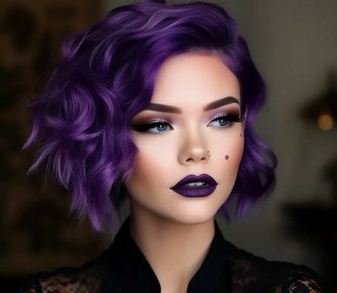 Purple Hair Styles For Short Hair, Purple Black Hair Short, Violet Short Hair, Short Purple Hair With Bangs, Blue And Purple Hair Medium Length, Purple Short Hair, Purple Alt Hair Short, Bright Purple Hair, Fantasy Hair Color