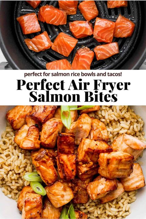 Pinch Of Yum Air Fryer Salmon, Air Fried Salmon Rice Bowl, Air Fryer Salmon Tacos Recipe, Air Fryer Salmon And Potatoes, Cubed Salmon Air Fryer, Airfry Salmon Bowl, Air Fry Salmon Bowl, Salmon Rice Bowl Air Fryer, Air Fryer Salmon Poke Bowl