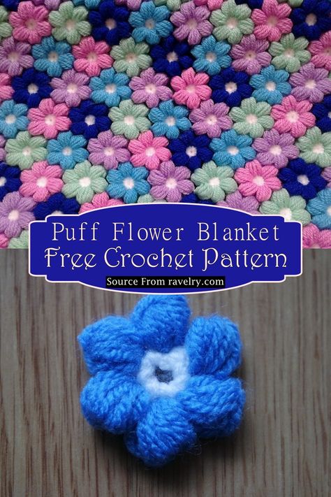 Crochet Flower Blanket Patterns, Puff Flower Blanket, Flower Puff Stitch, Crochet Flowers Tutorial, Diy Crochet Flowers Tutorial, Diy Crochet Flowers, Crochet Flower Blanket, Puff Flower, Crochet Puff Flower