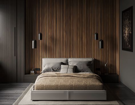 Dark And Moody Bedroom, Walnut Bedroom, Minimal Bedroom, Minimal Interior Design, Led Flush Mount Ceiling Light, Accent Wall Bedroom, Minimalism Interior, Led Flush Mount, Contemporary Bedroom