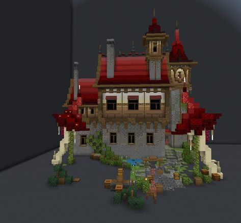 Red Minecraft House, Minecraft House Medieval, Medieval Fantasy House, European Castles, Minecraft Inspo, Tower Design, Grey Houses, Minecraft House, Red Roof