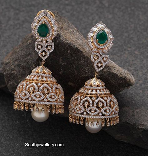 18k gold diamond emerald jhumkis by Ananth Diamonds. diamond buttalu latest models, indian jewellery designs Diamond Buttalu, Diamond Jhumkas, Bridal Diamond Necklace, Perhiasan India, Choker Designs, Indian Jewellery Design, Diamond Jewelry Necklace, Hair Vitamins, Bangles Jewelry Designs