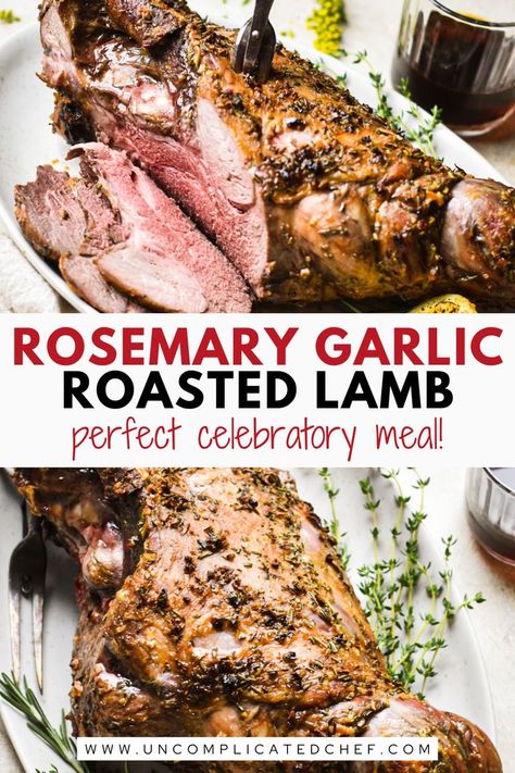 AN image of Rosemary Garlic Roasted Lamb on a white plate How To Cook Lamb Roast, Roasted Lamb Recipes, Leg Lamb Roast, Roast Leg Of Lamb Bone In, Lamb Loin Roast Recipes, Boneless Lamb Shoulder Roast, Lamb Roast Recipes, Roast Lamb Recipes, Boneless Lamb Roast